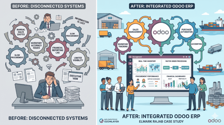 Before and after comparison showing disconnected systems causing stress versus an integrated Odoo ERP streamlining operations