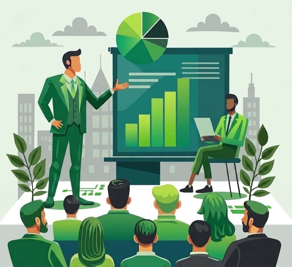 Odoo training services in Saudi Arabia by OzonLayer showing a business instructor presenting ERP growth charts and analytics to a corporate audience.