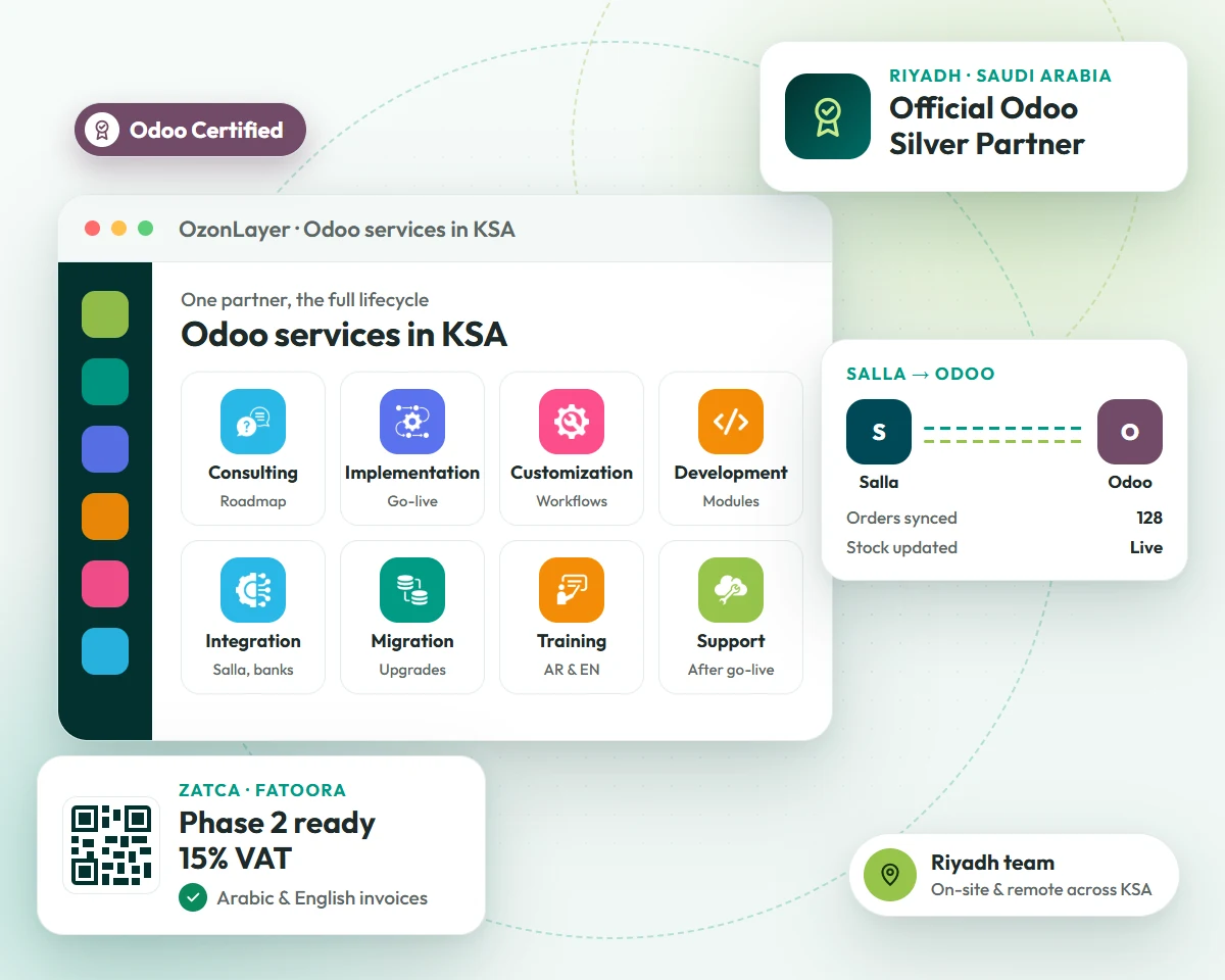 Odoo services in KSA by OzonLayer: consulting, implementation, customization, development, integration, migration, training and support, with ZATCA Phase 2 and Salla integration